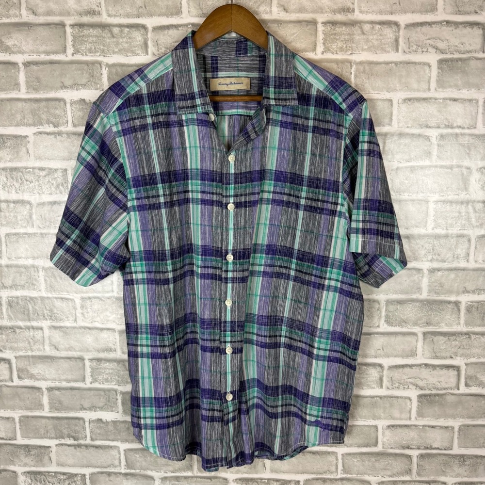 Tommy Bahama Mens Large Plaid Short Sleeve Button Down Shirt Cotton Purple Green